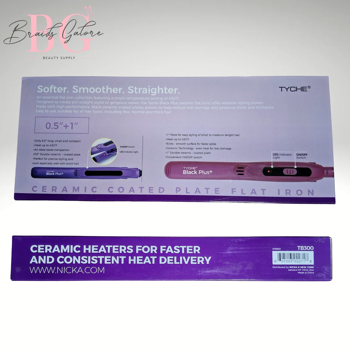 Tyche Black+ Pink & Purple combo 1"+1/2" flat irons with Keratin heat protector spray.