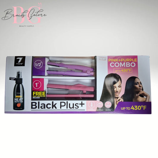 Tyche Black+ Pink & Purple combo 1"+1/2" flat irons with Keratin heat protector spray.